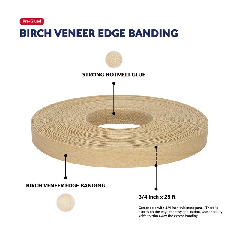 UNMAR Birch Wood Veneer Edge Banding 3/4 inch x 25 ft Pre Glued Adhesive Edging Trim Tape Iron On Flexible Strip Roll Laminate Cabinate Countertop Furniture Shelf MDF Board Paintable Molding Easy Trimmer - Image 2